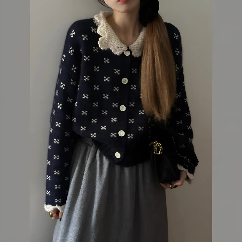 Retro Peter Pan collar floral pattern knitted cardigan coat in poly-cashmere fabric