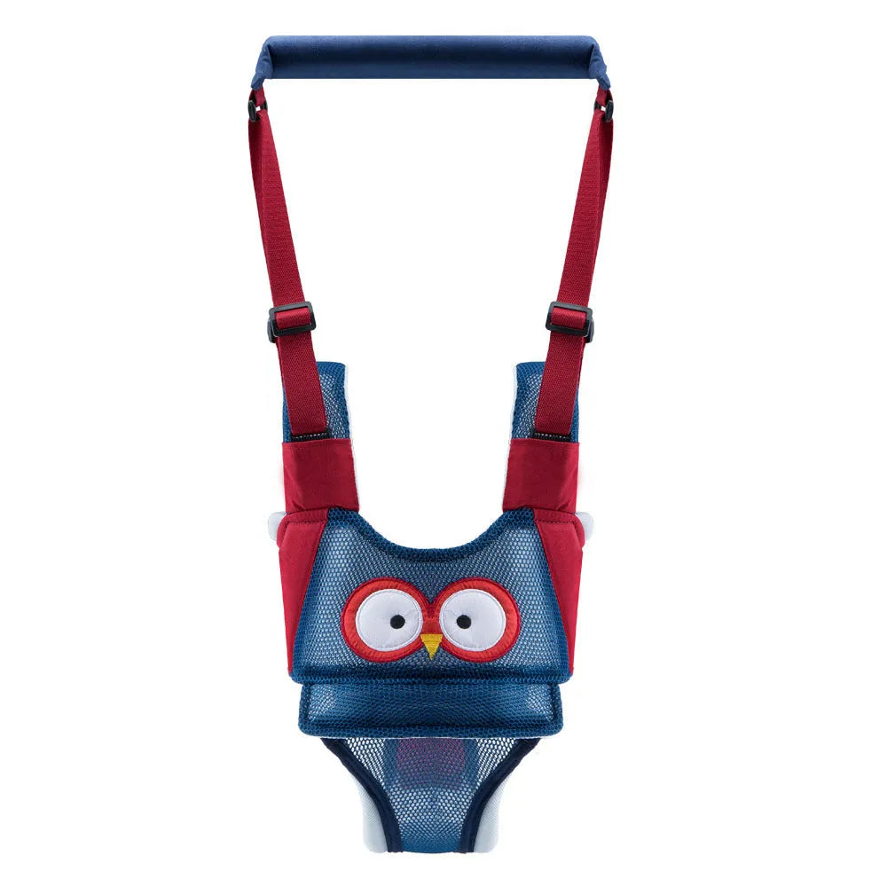 Blue cotton baby walking harness belt with straps, shown being used to support a toddler learning to walk.