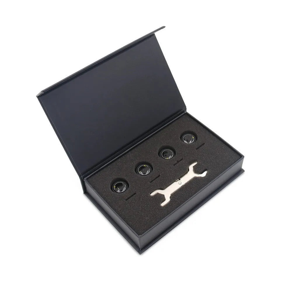 Bluetooth 5.0 automotive tyre pressure monitoring system with four black external sensors and installation tools