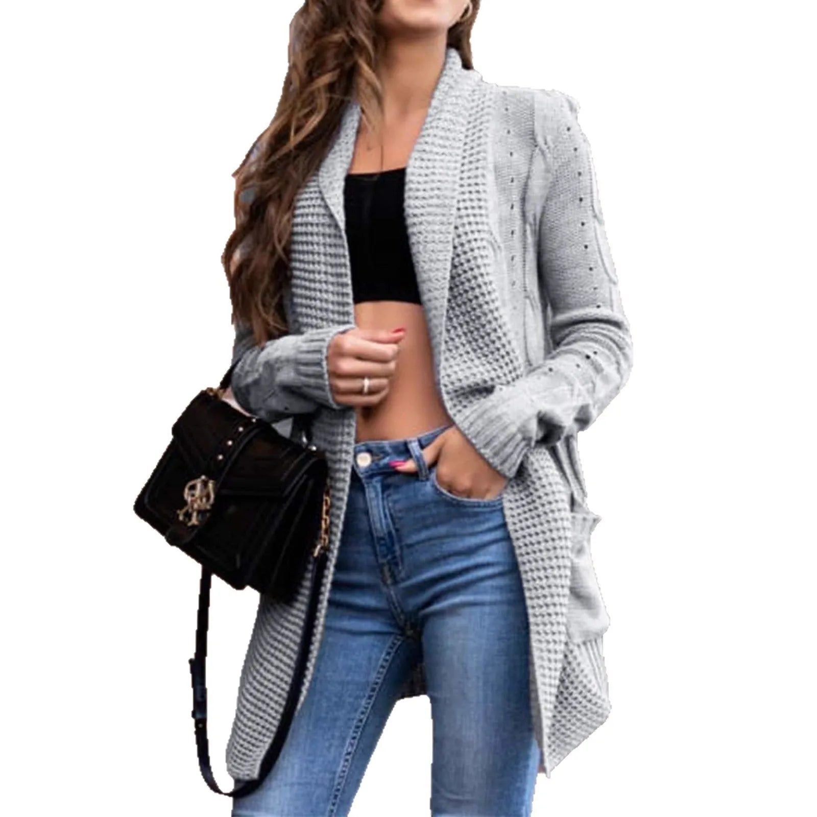 Women's grey loose fit cardigan coat with pockets and long sleeves