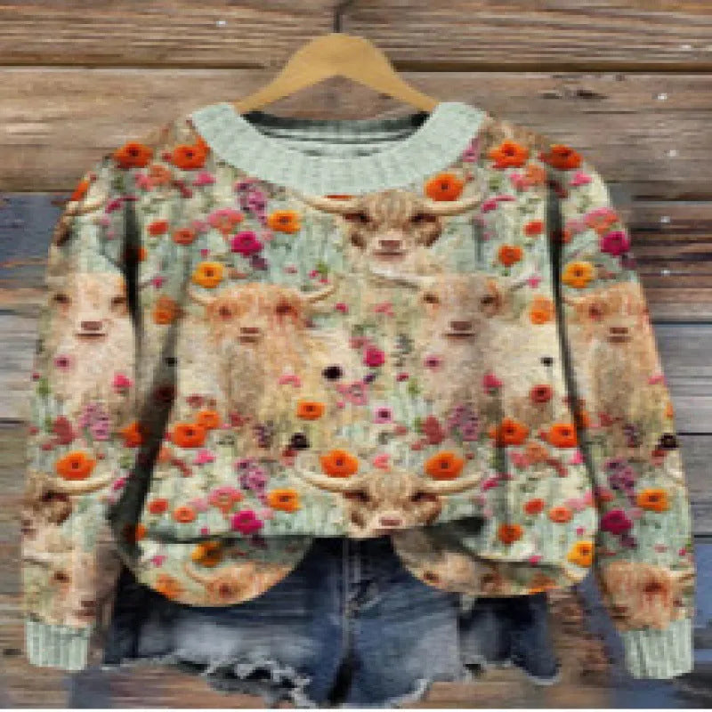 Women's round neck floral print sweater in purple, sizes S to 4XL