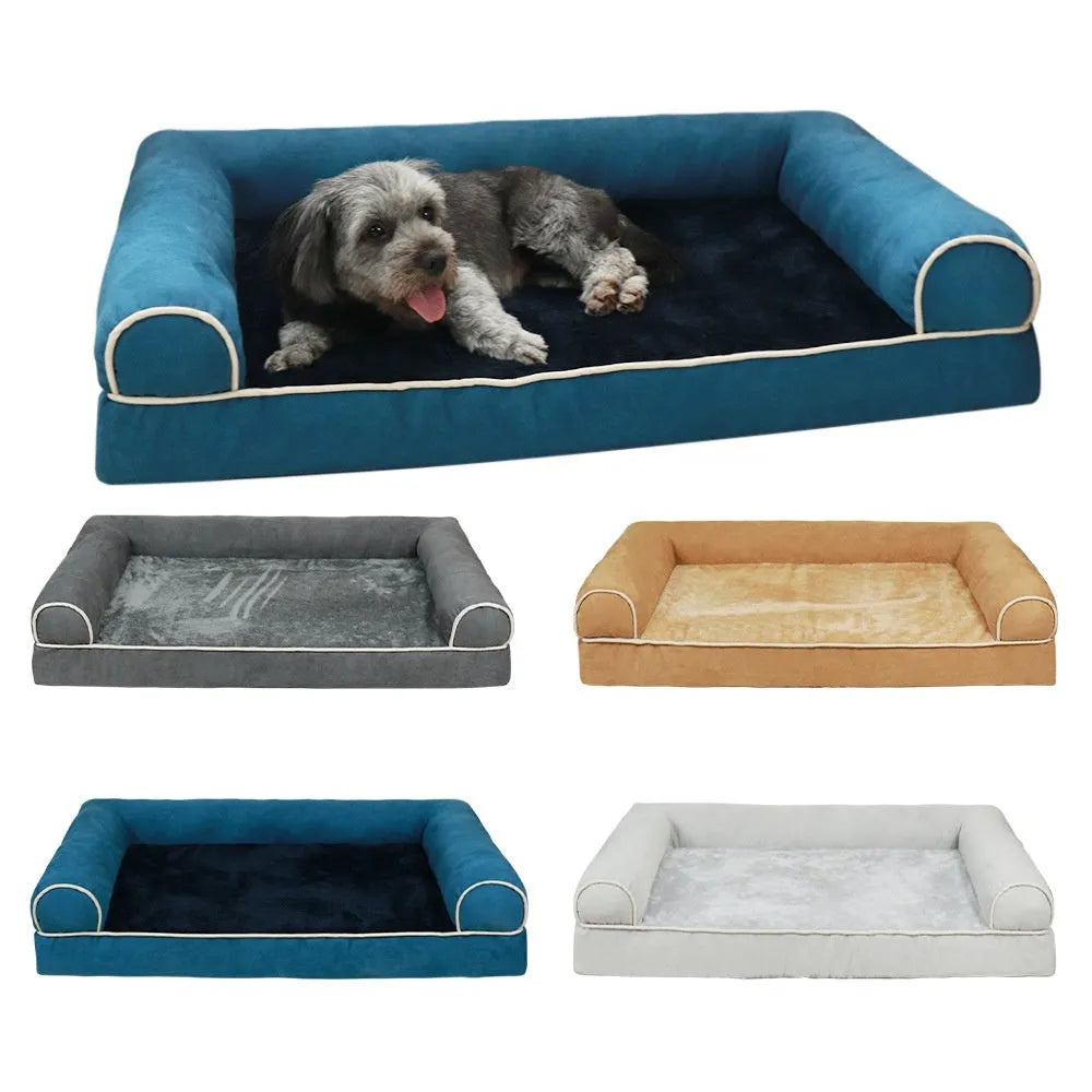 Square sponge dog bed in blue colour with removable cloth cover showing size dimensions