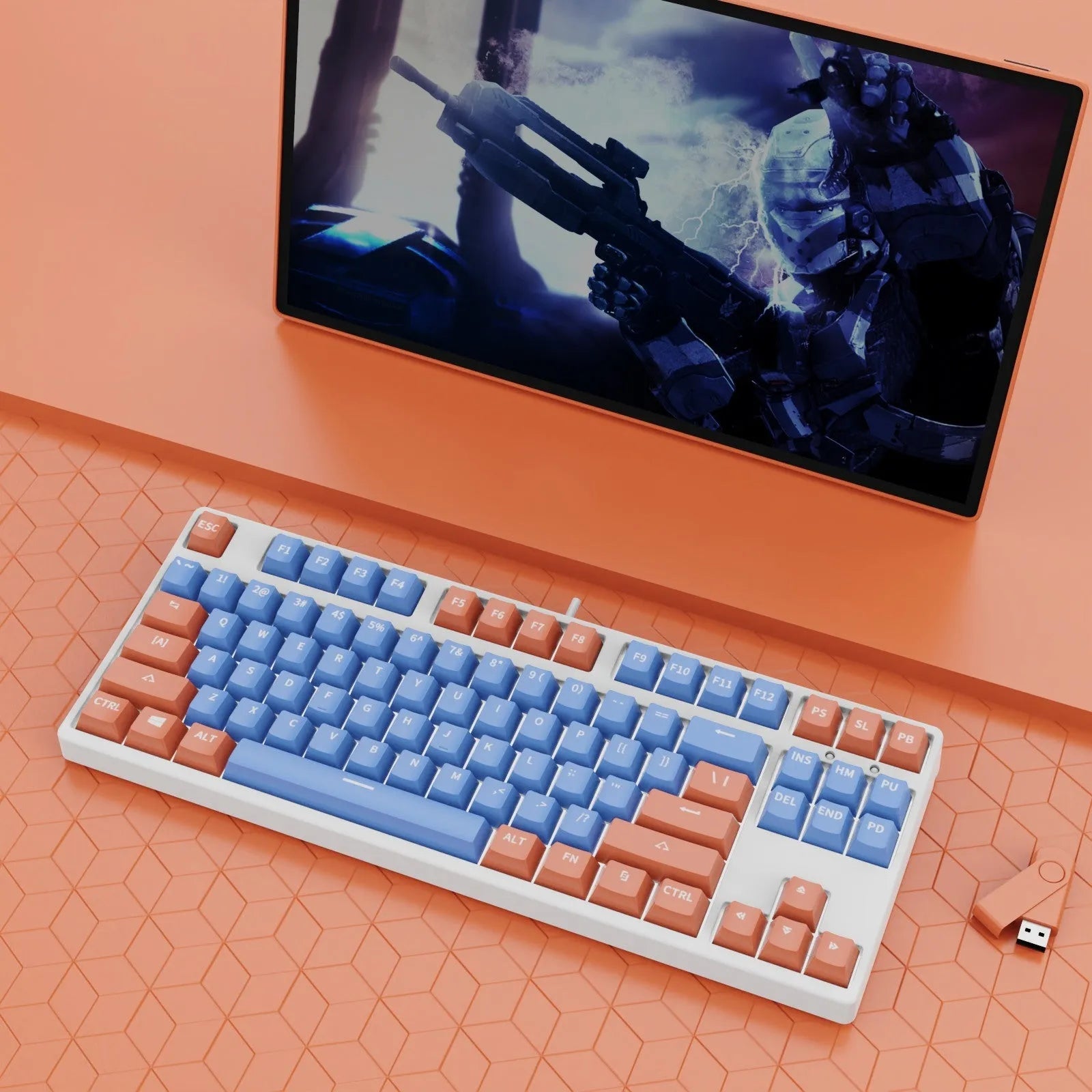 87-key wired mechanical gaming keyboard with multi-colour keycaps on a metal body.