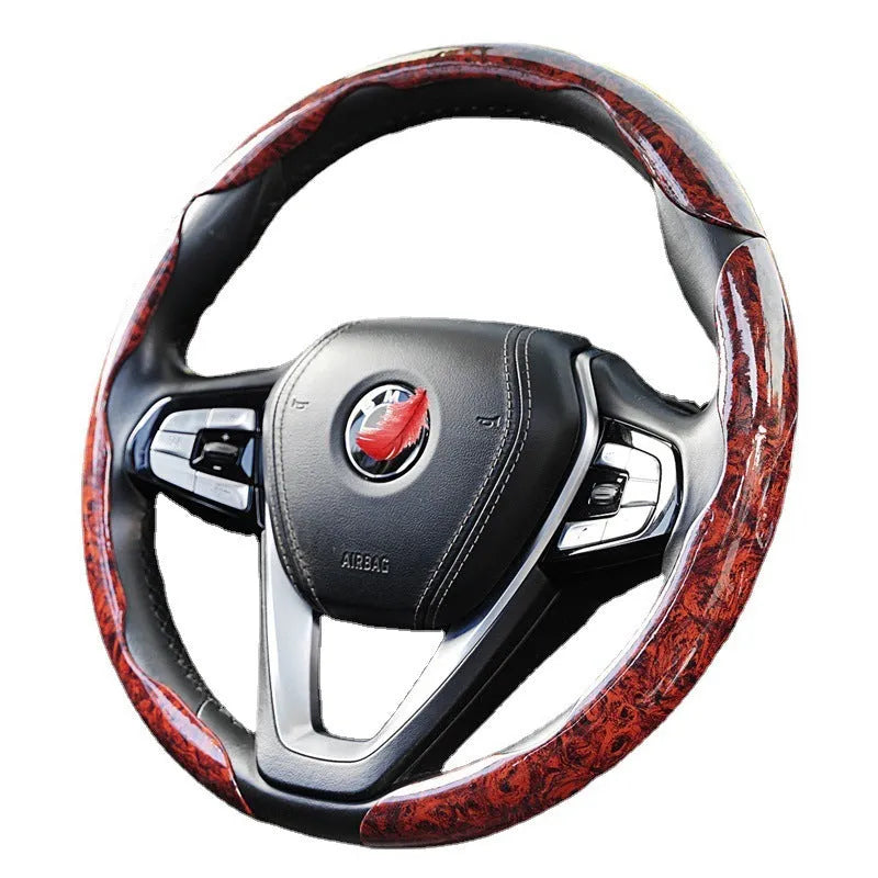Peach wood grain artificial leather steering wheel sleeve in crystal brown, fits 38cm diameter wheels.