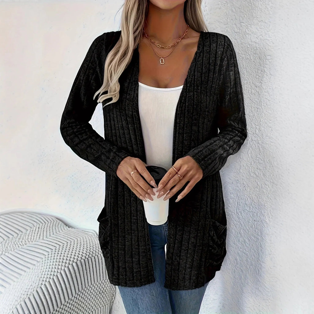 Solid colour loose fitting long sleeve cardigan with front pockets in Grandma grey
