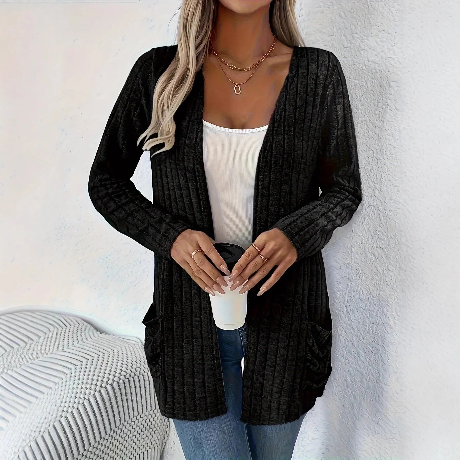 Solid colour loose fitting long sleeve cardigan with front pockets in Grandma grey