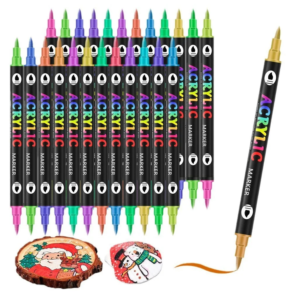 Set of double-headed acrylic marker pens with fine and brush tips showing opaque washable ink