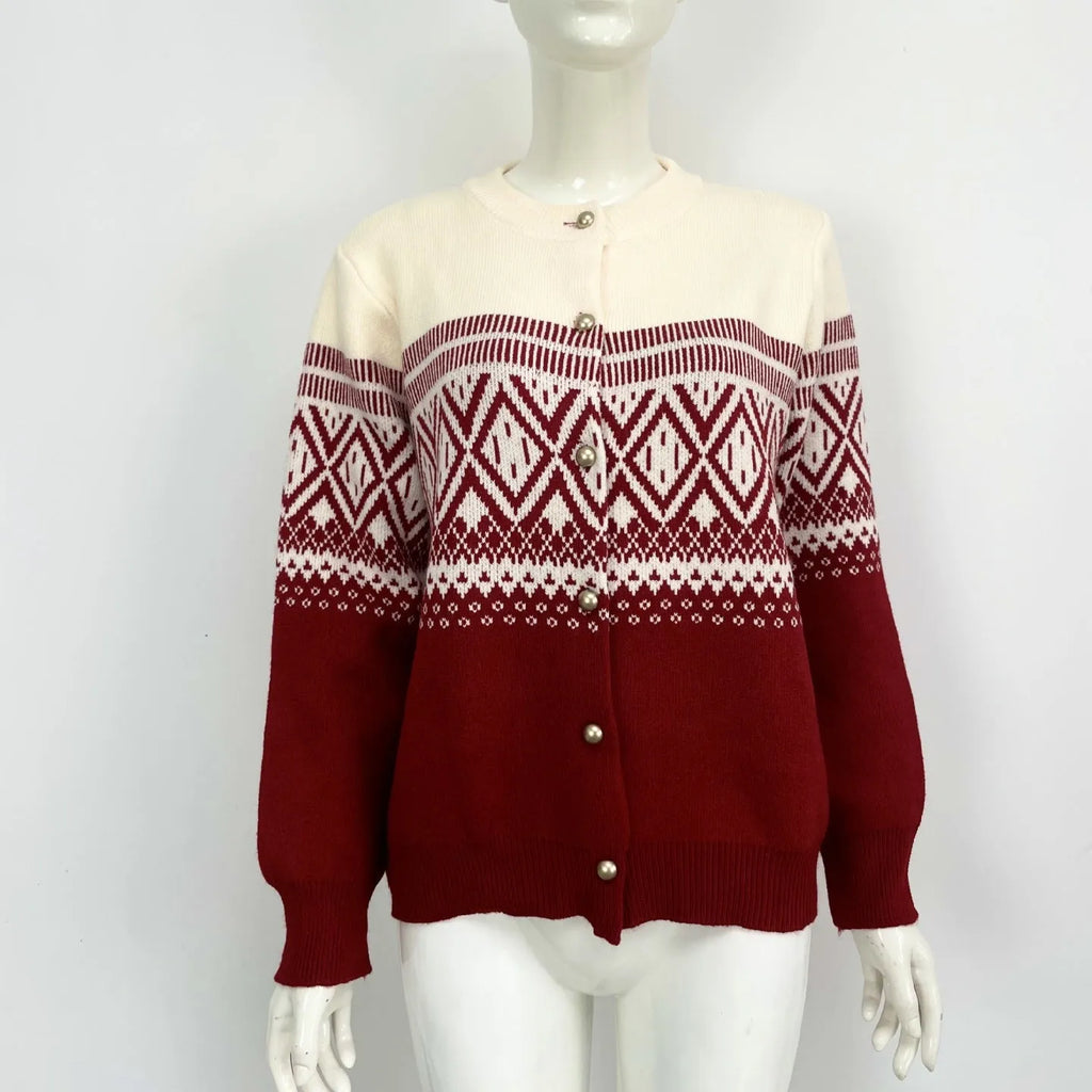 Women's red alpaca wool cardigan with diamond knit pattern and long sleeves