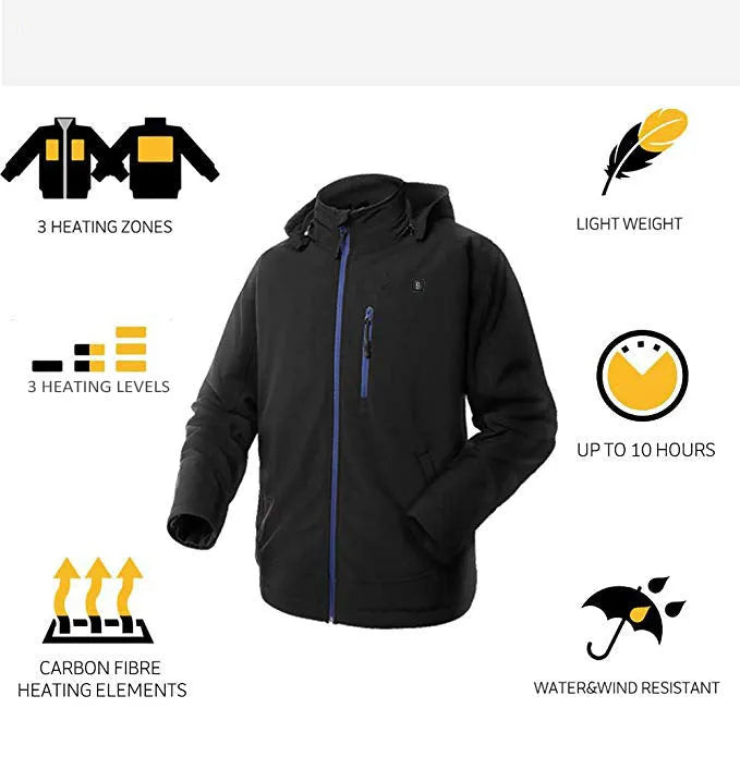 Black men's USB heated waterproof winter coat with zipper pockets and straight hem.
