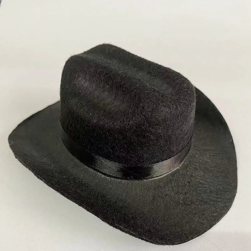 British cowboy style hat for a cat, made from brown non woven fabric with a black ribbon trim.