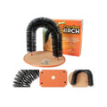 Arched plastic cat grooming station with built-in brush bristles for scratching and rubbing
