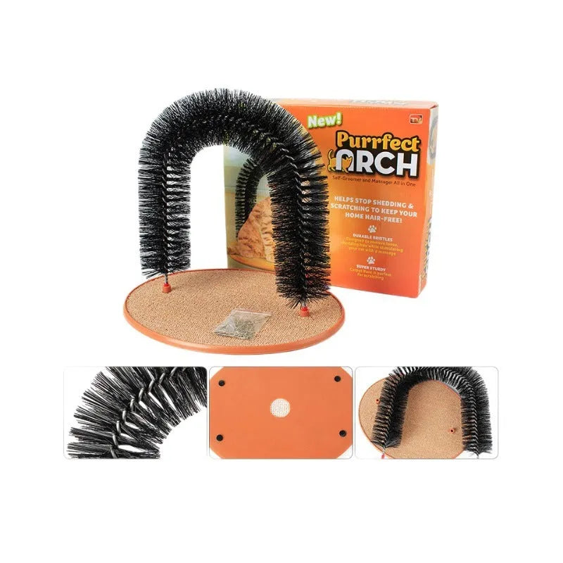 Arched plastic cat grooming station with built-in brush bristles for scratching and rubbing