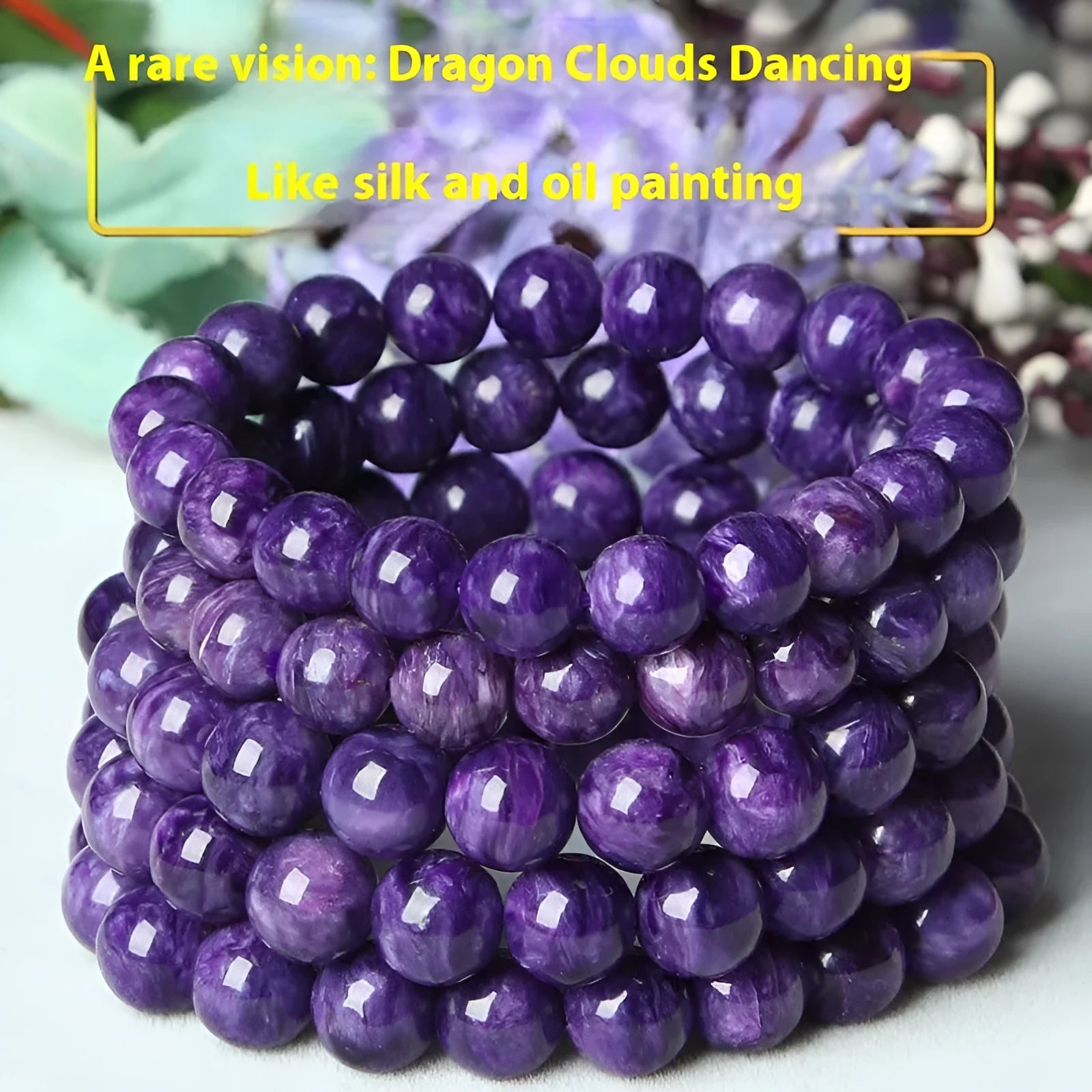 Natural purple and white Charoite crystal bracelet with a platinum metal clasp.