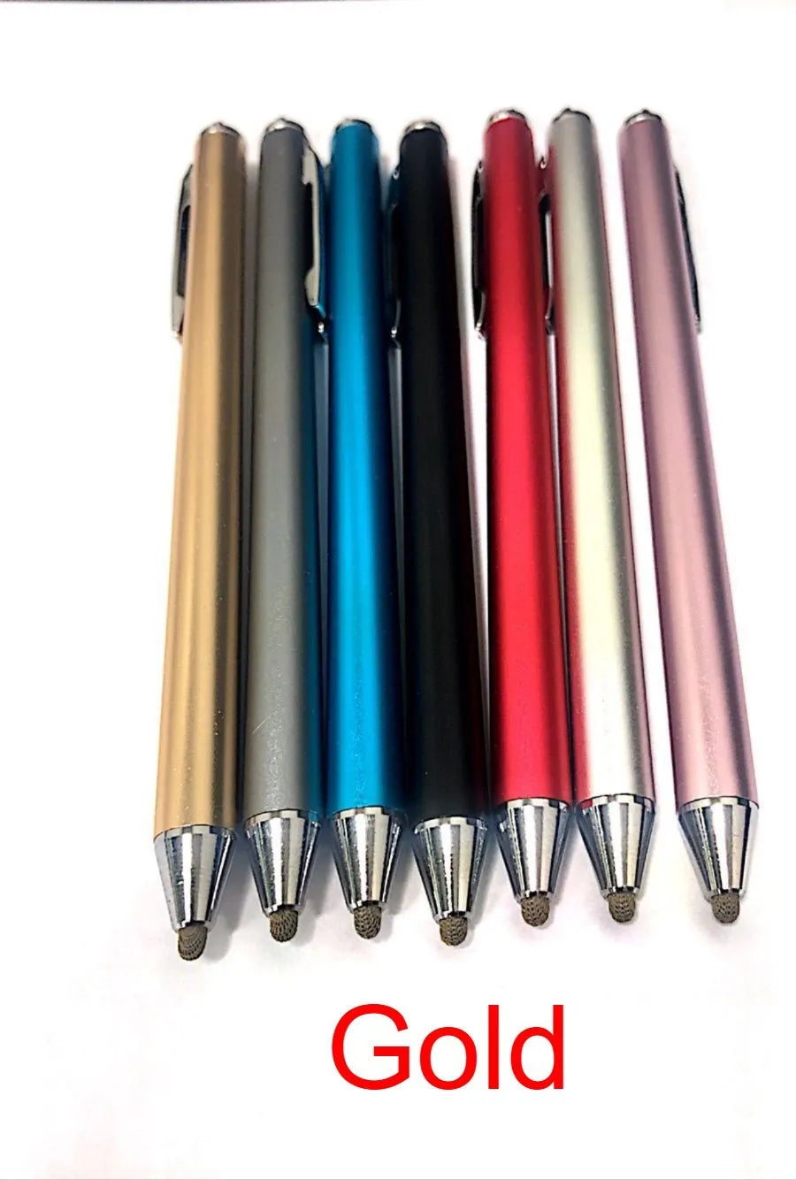 Fine-tip metal capacitive stylus for touch screens in black, silver, red, sky blue, gold, pink and grey.