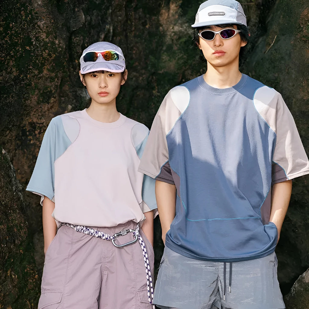 Men's loose fit patchwork t-shirt in a cotton blend fabric, shown in Galaxy Blue colour