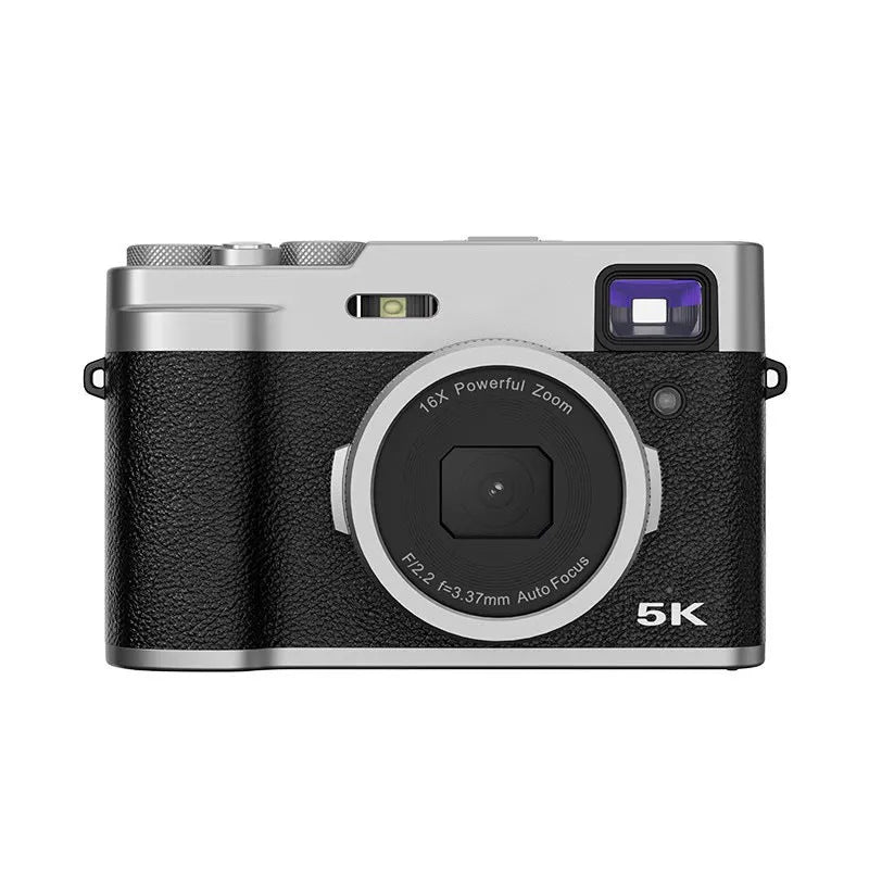 5K HD digital camera with optical viewfinder shown in black and brown colour options