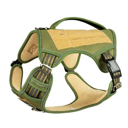 Tactical working dog chest strap harness made from black Oxford cloth, shown fitted on a dog.
