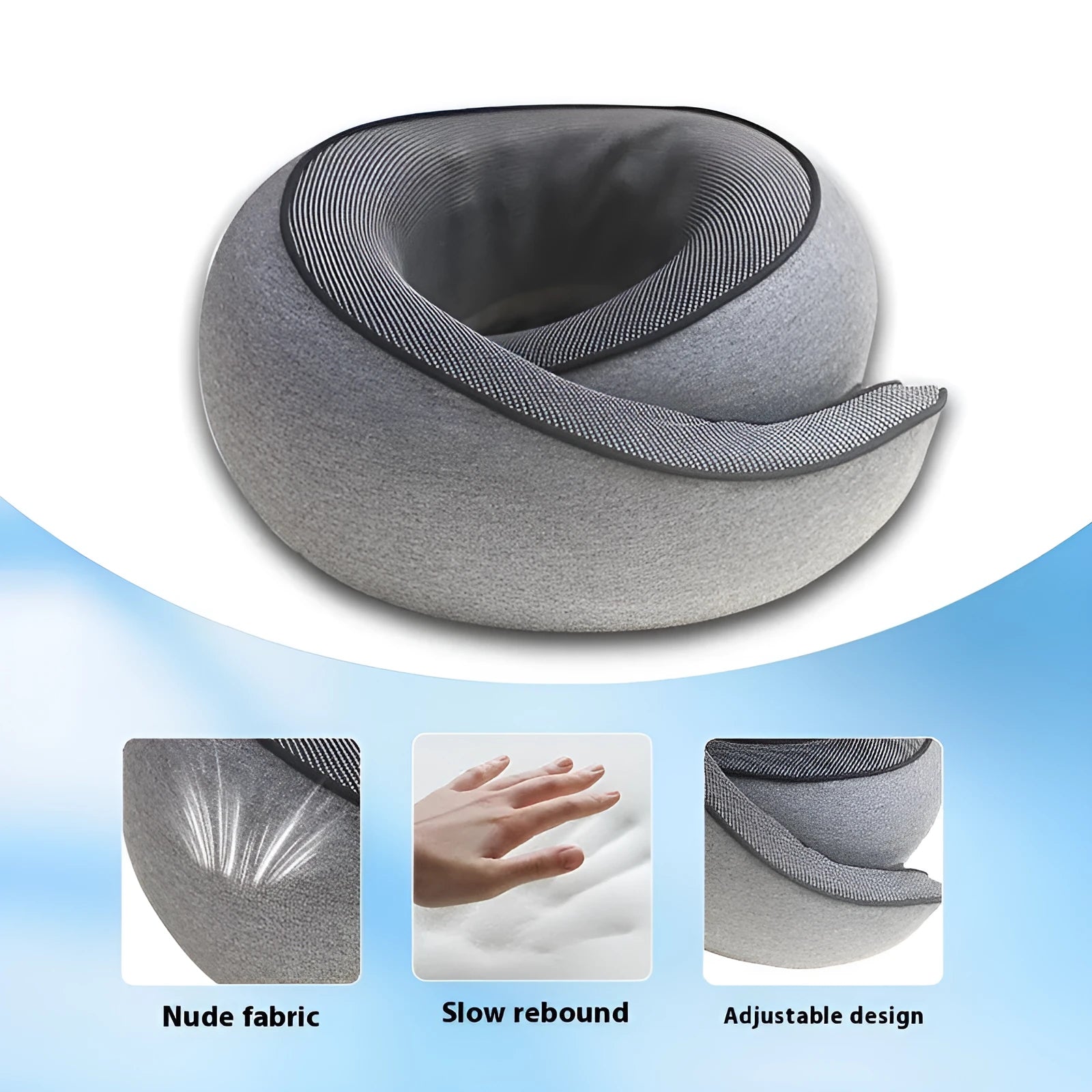 Dark grey U-shaped memory foam travel neck pillow with storage bag