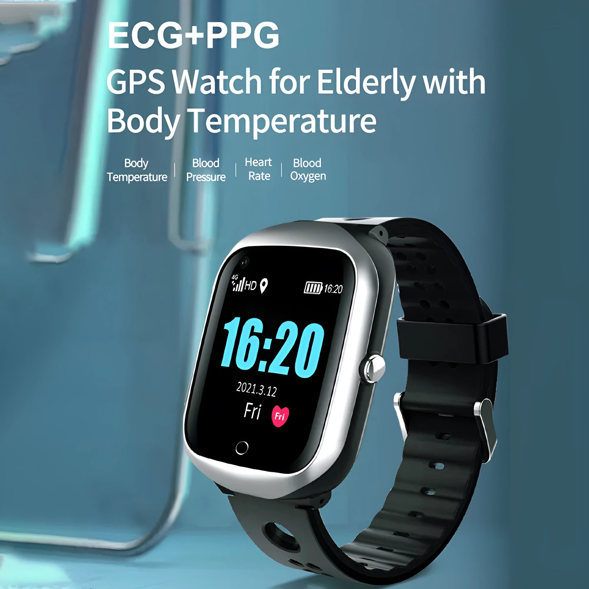 Square-faced elderly smart watch with silicone strap showing phone and GPS functions on 1.3-inch screen