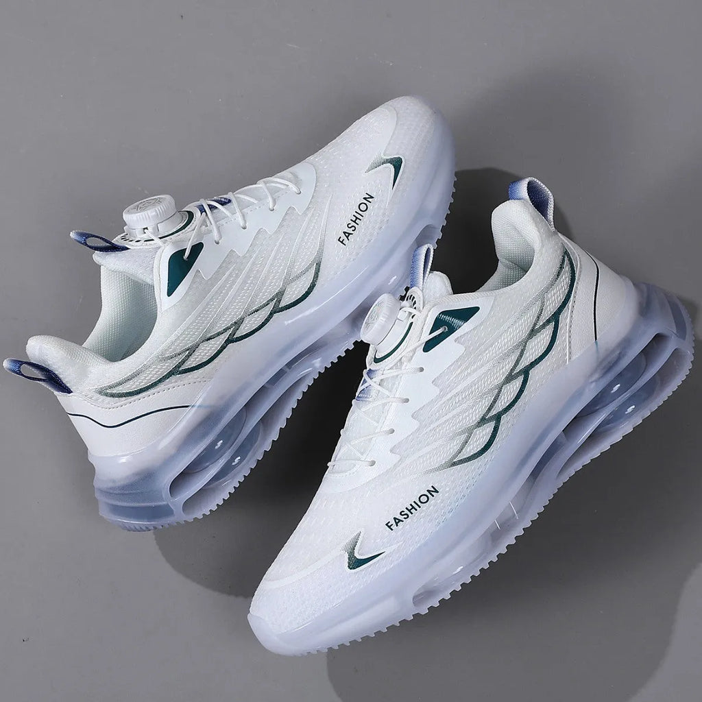 White low-top casual running shoes with mesh upper and rubber sole on solid background