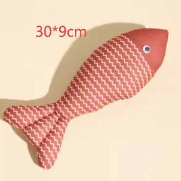 Red, yellow, and blue catnip-filled fish toys in large and medium sizes on a white background.