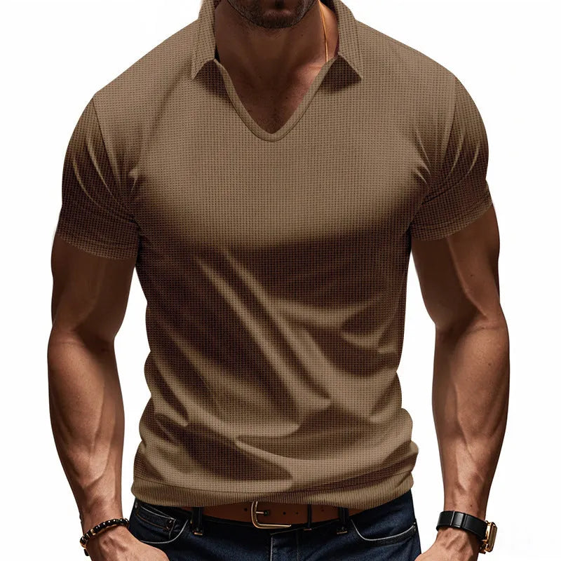 Men's loose fit V-neck short sleeve t-shirt in light grey cotton blend fabric