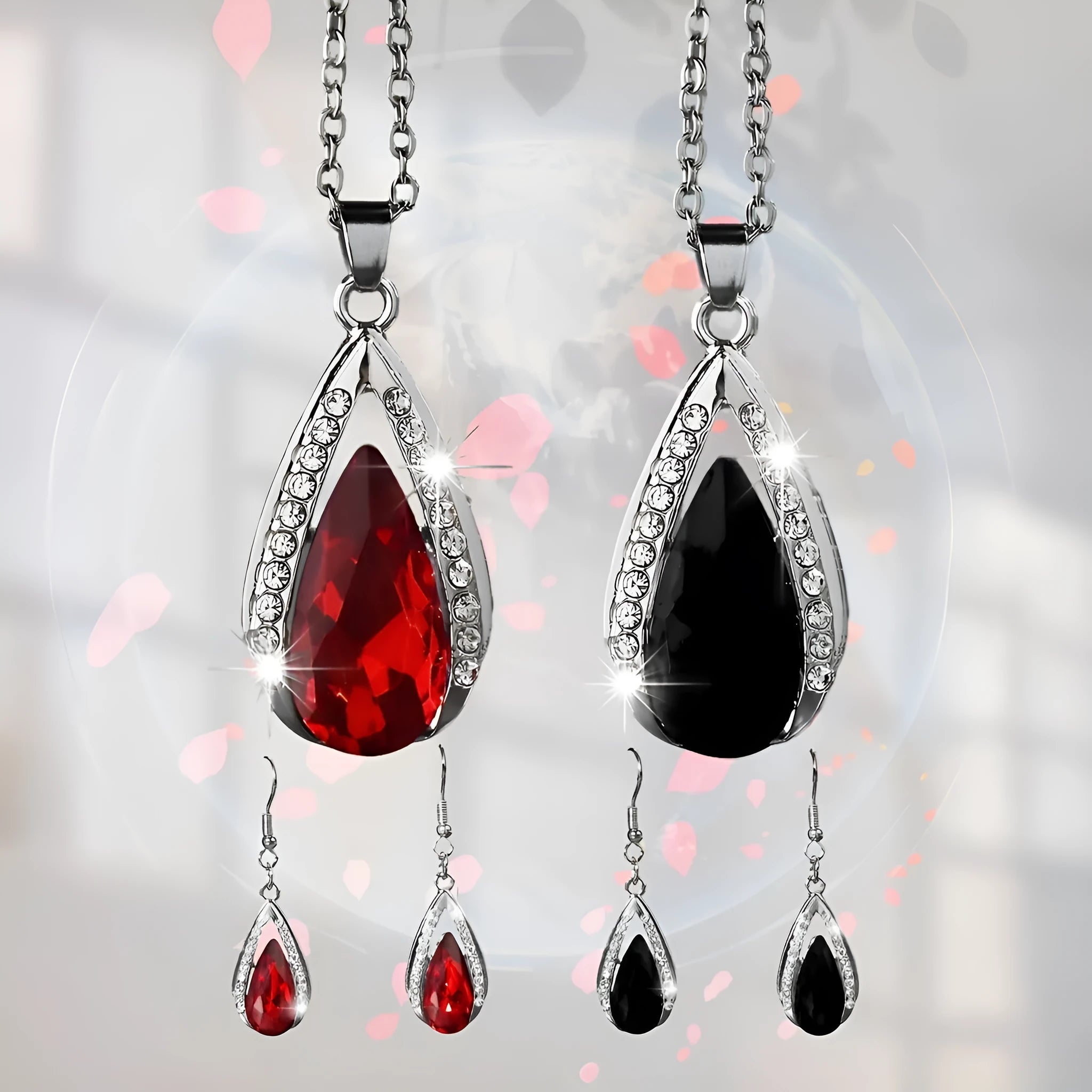 Black and red teardrop glass pendant necklace and matching earrings set