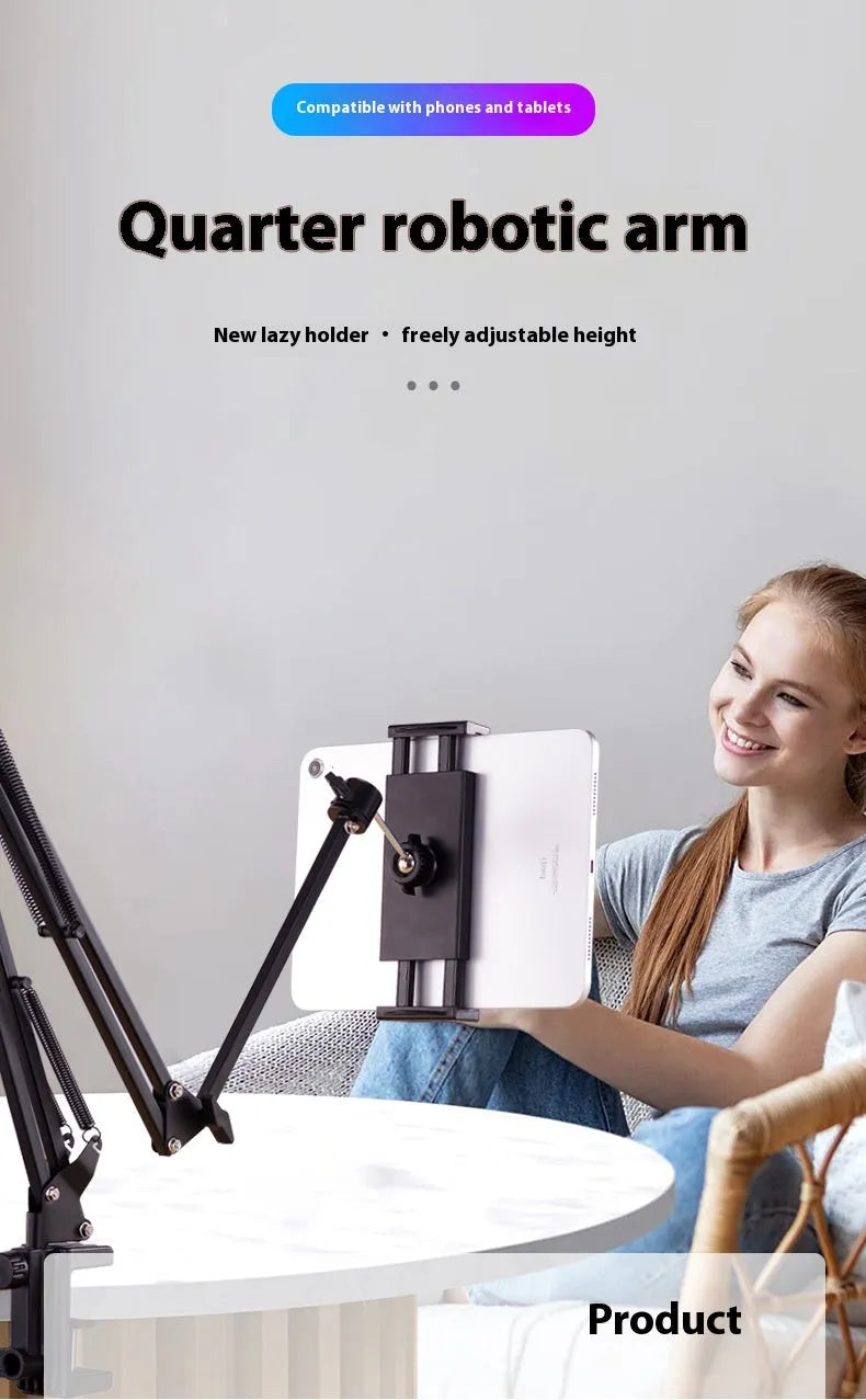 Black foldable desktop cantilever bracket with adjustable arm holding tablet