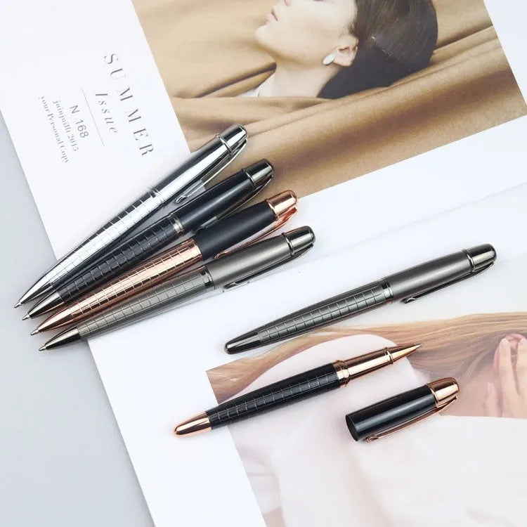 Gun grey metal roller pen showing 13.5cm length and 1.3cm diameter with black or blue ink options