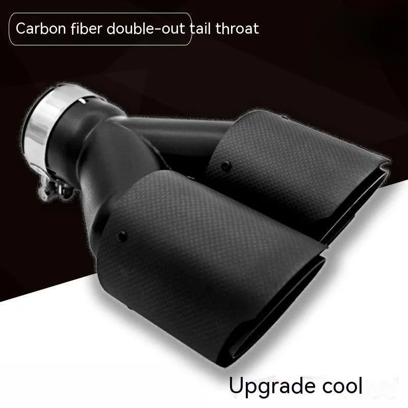 Black carbon fibre double outlet car exhaust silencer tail nozzle measuring 250mm in length