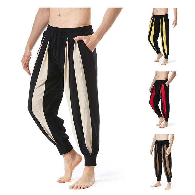 Men's straight-leg casual trousers in brown, khaki, red, or yellow colour options.