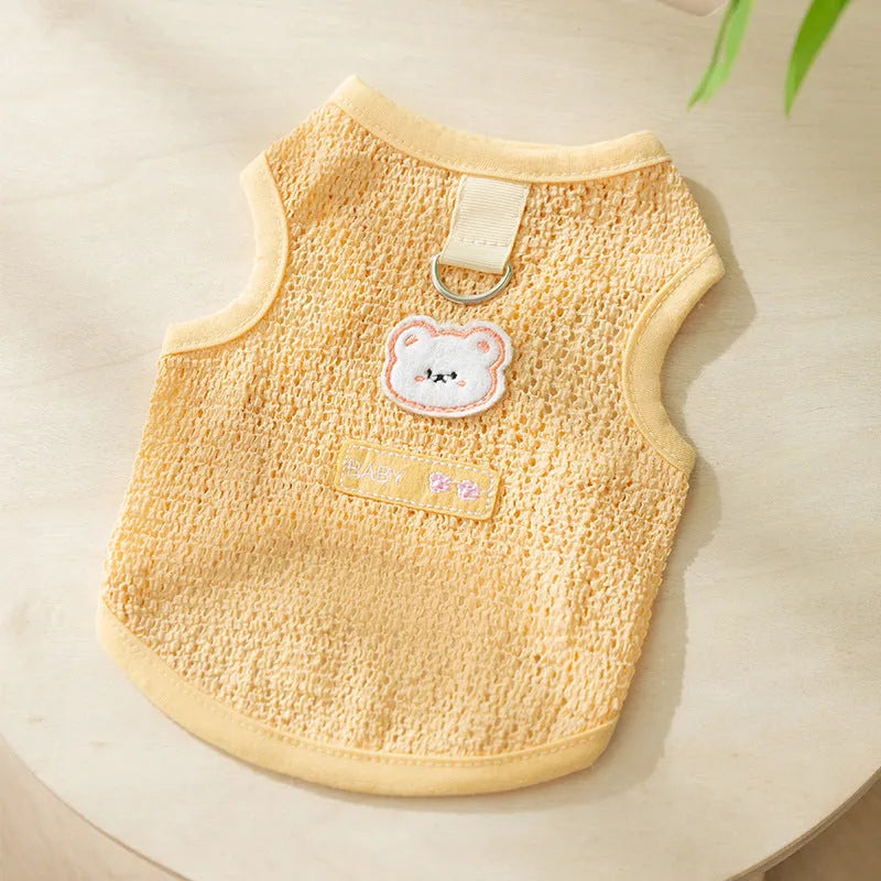 Green knitted cat clothes with hollowed-out design and cartoon bear patch decoration