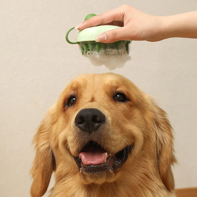 Handheld silicone pet grooming brush for dogs in dark blue, green, light blue, or white colour options
