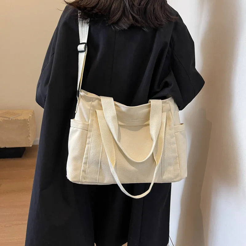 Large capacity polyester canvas shoulder tote bag with sandwich pocket and internal mobile phone compartment