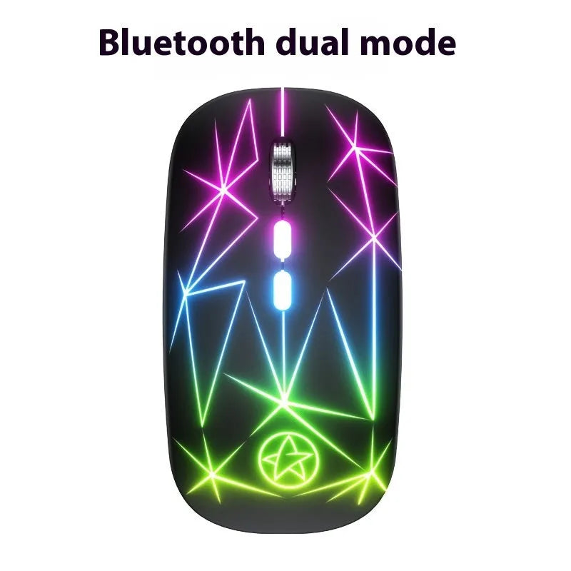 Dual-mode wireless Bluetooth mouse in star black colour with metal scrolling wheel and USB charging cable.