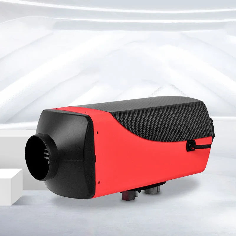 Red and black diesel air heater unit with fuel tank, pump, and installation kit for trucks and vans.