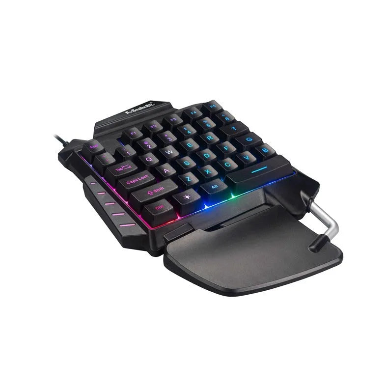 Black one-handed left-hand gaming keyboard with wrist rest and USB connection