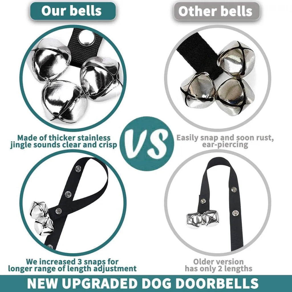 Dog training doorbell with seven silver metal bells on adjustable nylon strap for toilet training