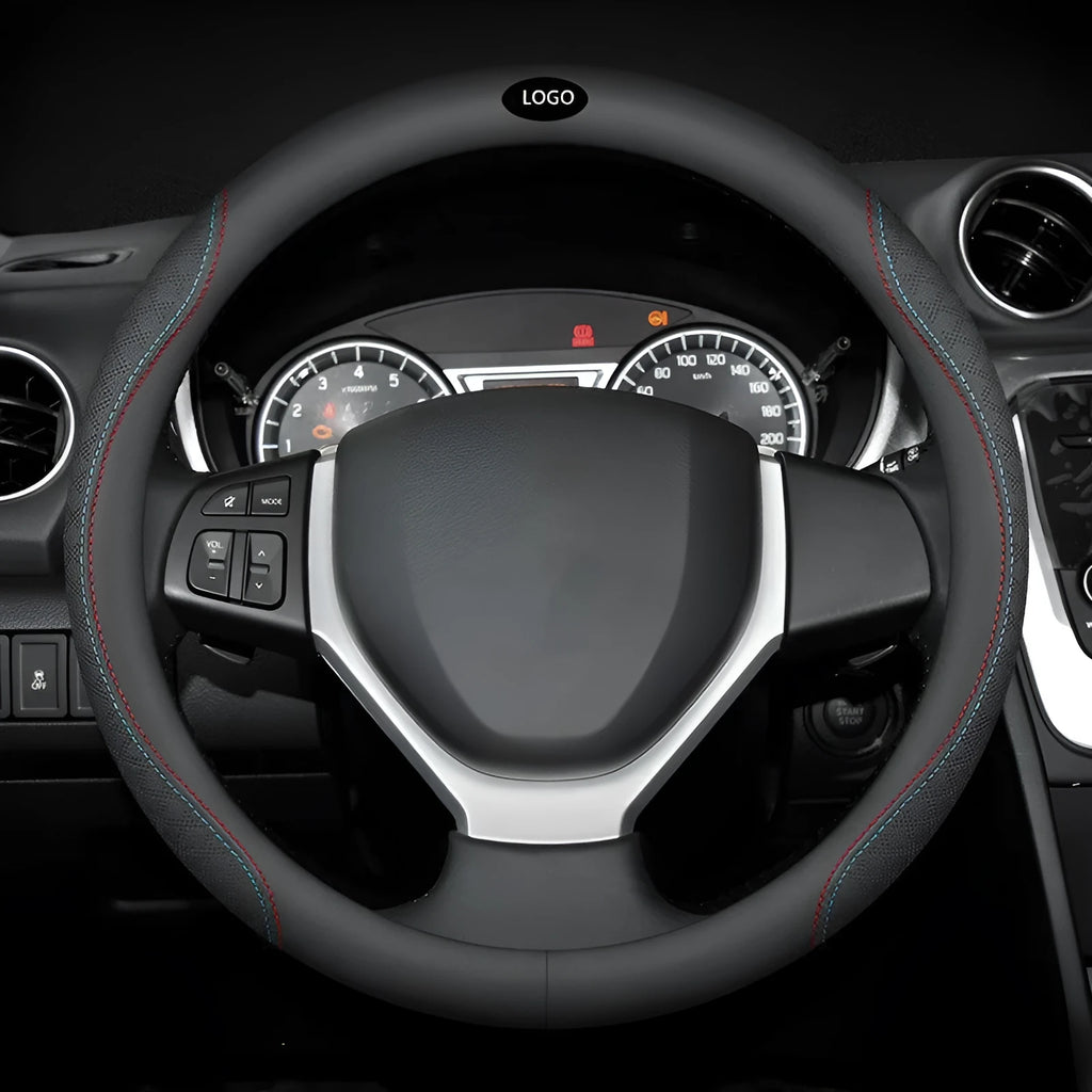 Black Napa leather texture steering wheel cover for Suzuki cars with a 38cm diameter.