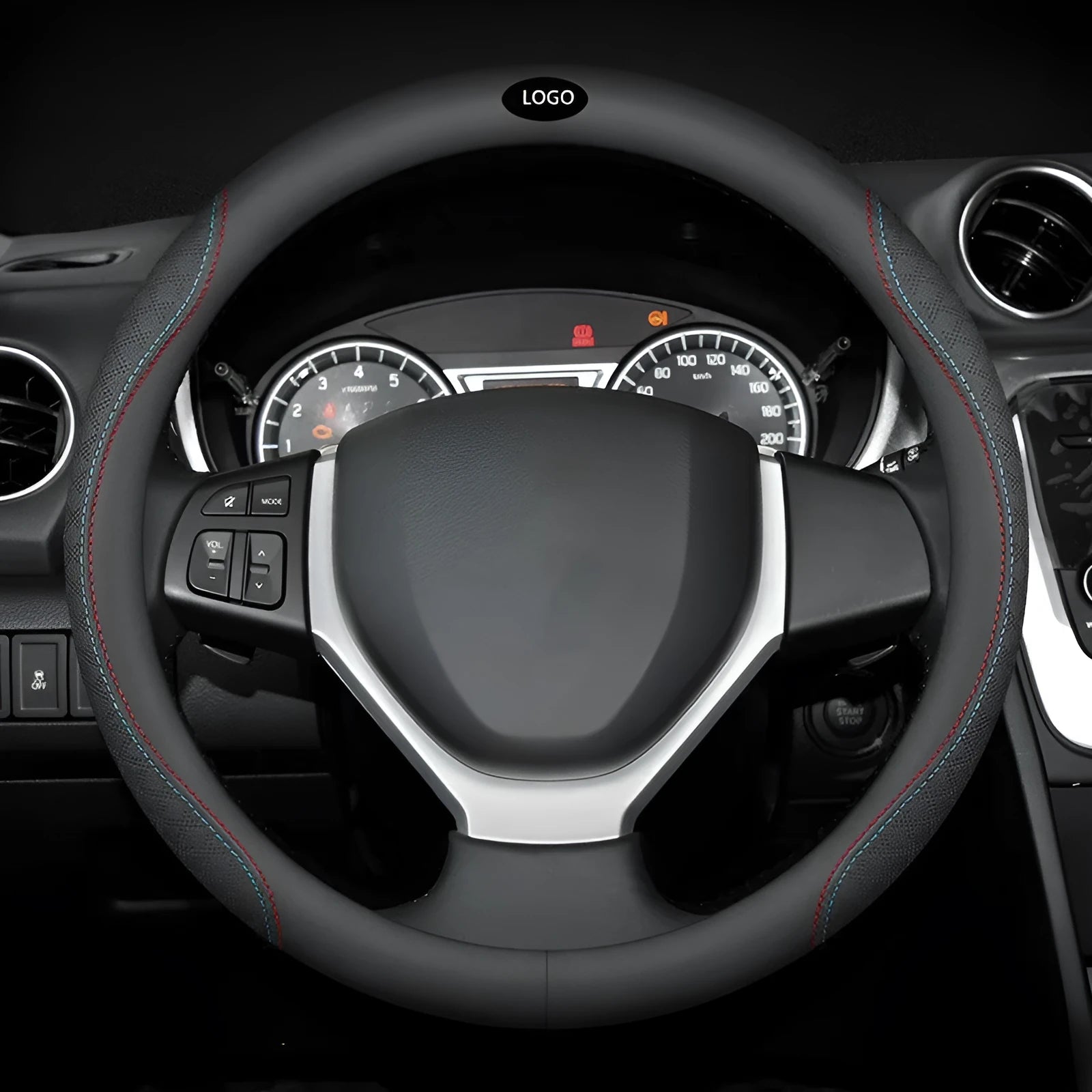 Black Napa leather texture steering wheel cover for Suzuki cars with a 38cm diameter.