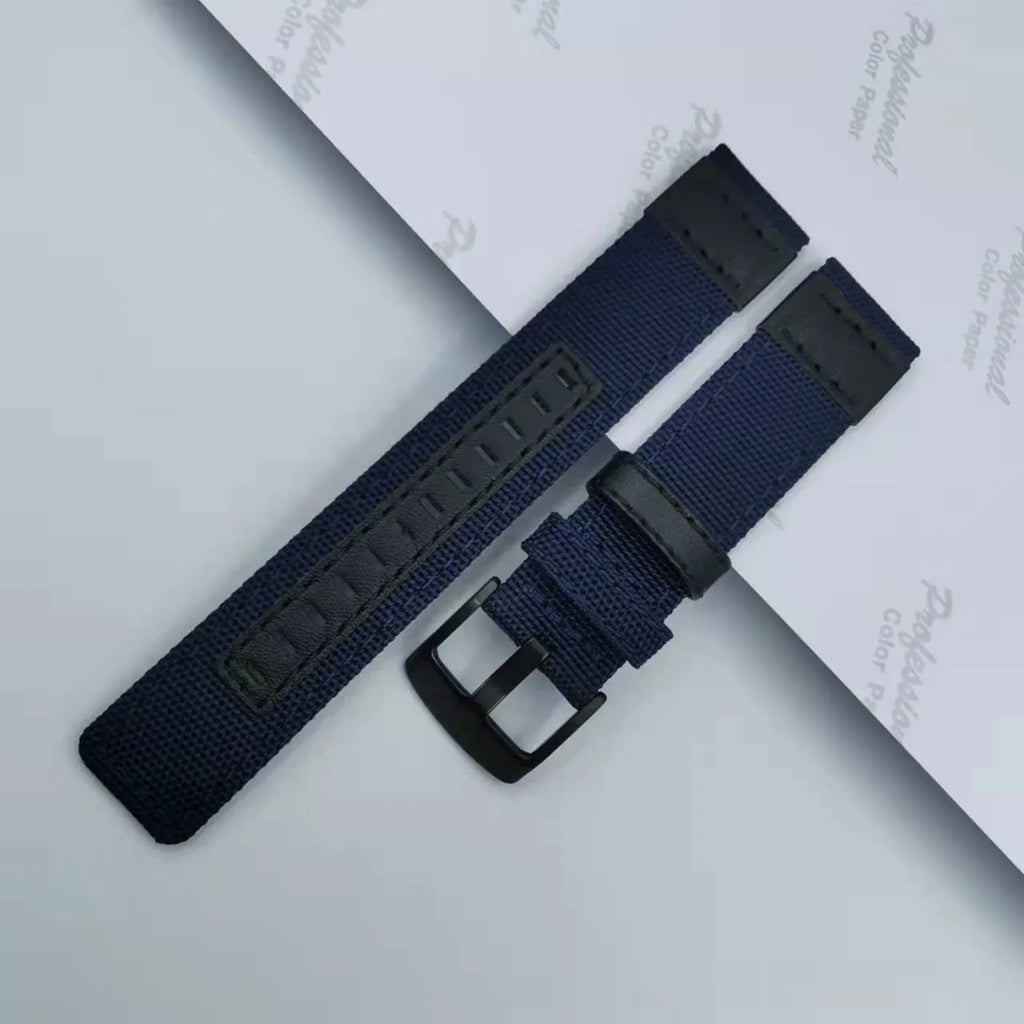 Oxford cloth replacement watch strap shown in multiple colour options including camouflage, black, and army green.