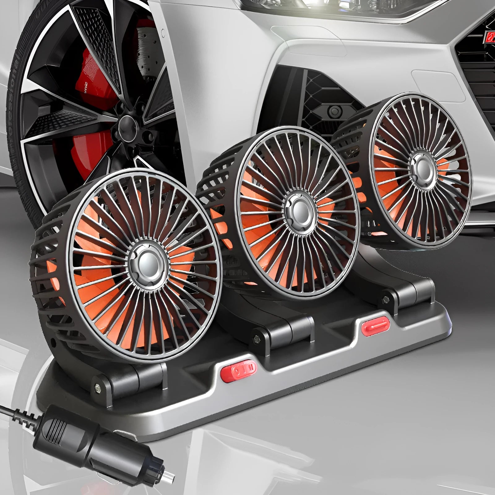 12V automotive three-head cooling fan with ABS motor and long cable for car, van, or truck use.