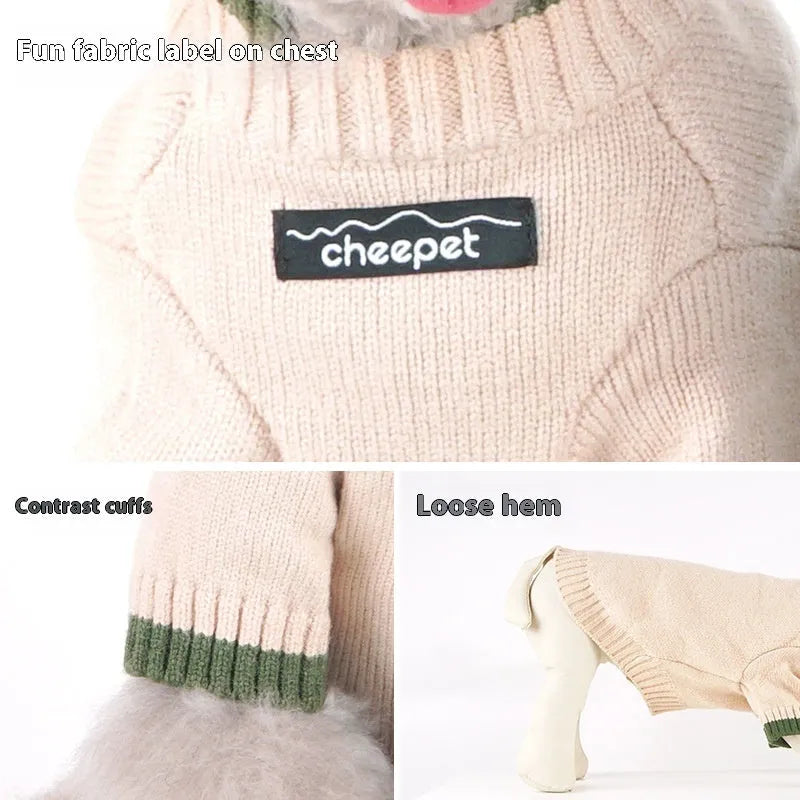 British style two-leg dog sweater in wool blend, shown in Crown Blue colour on a dog.