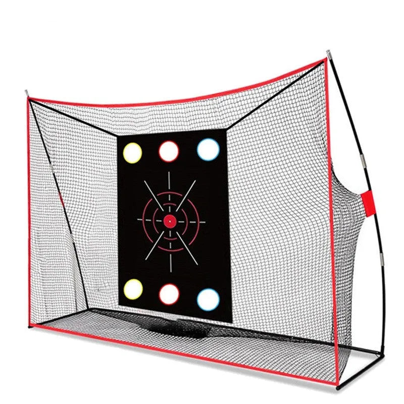 Golf swing wedge training net set with hitting mat and practice balls on grass.