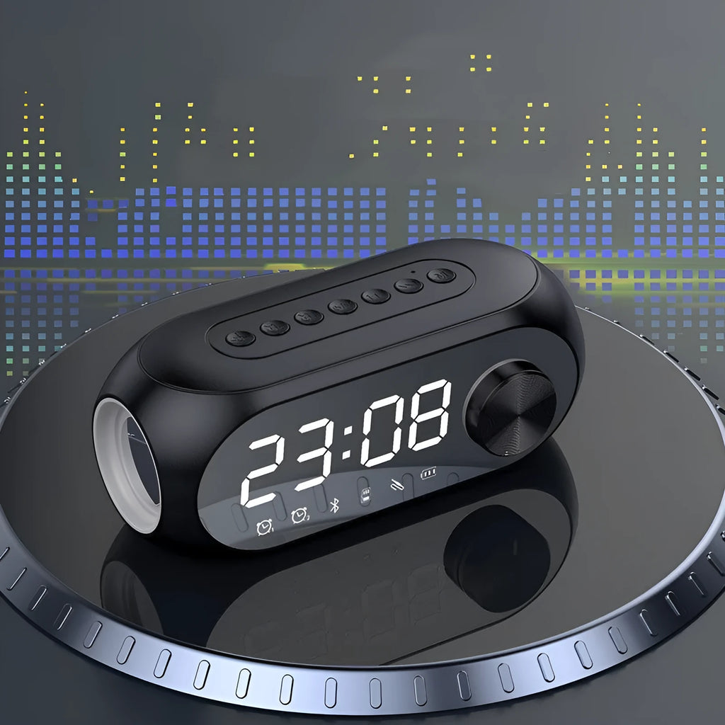 Mini portable Bluetooth speaker with extra bass and digital clock display in black, white, or blue