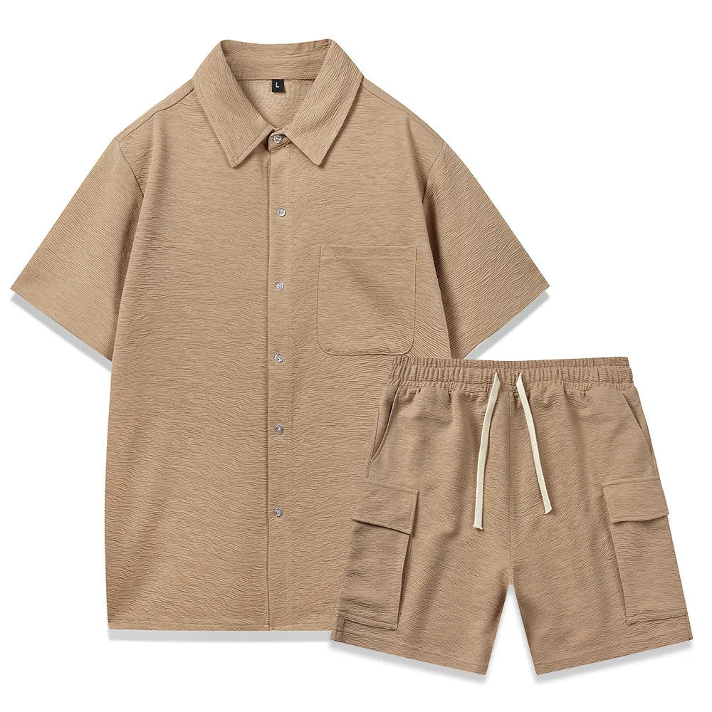 Beige polyester short-sleeve top and elastic waist shorts two-piece set laid flat.