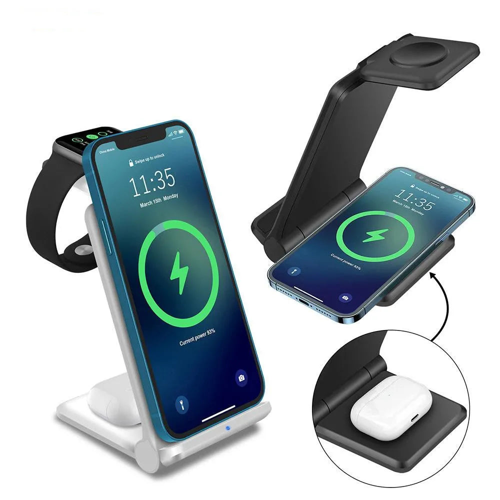White 3-in-1 wireless charging station showing phone, Apple Watch and AirPods charging simultaneously on a desk.