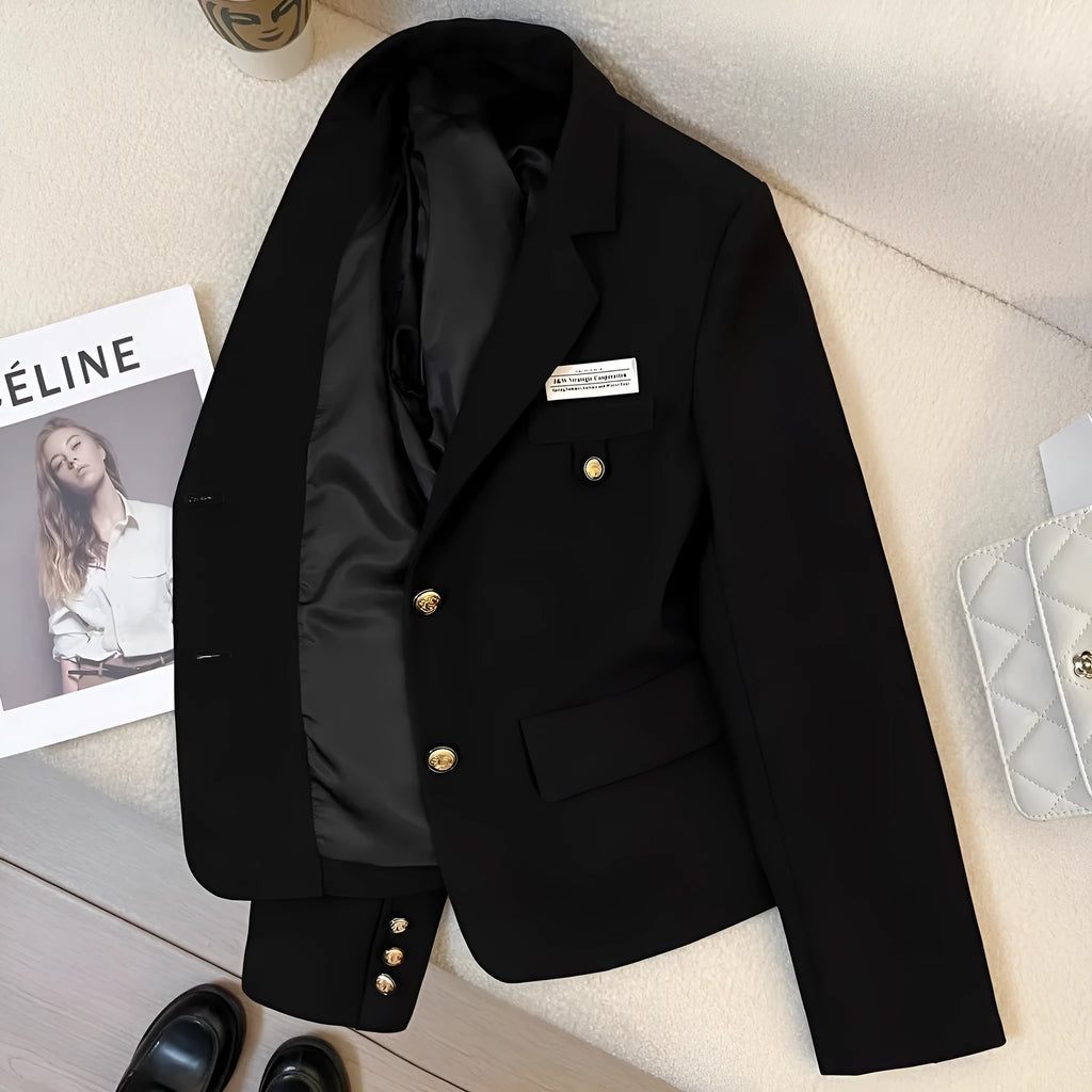 Women's black loose fit polyester suit coat with chest pocket for office wear