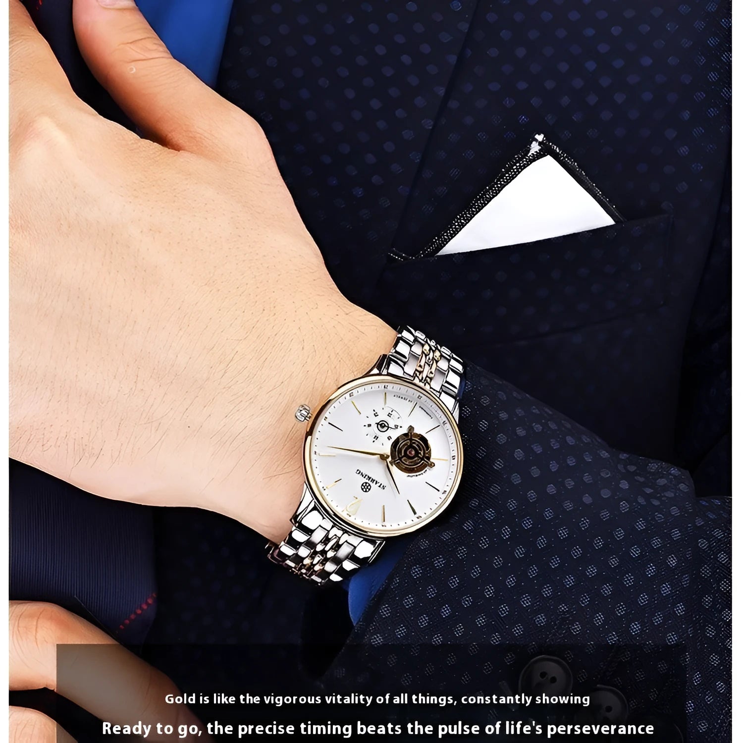 Automatic mechanical business watch with hollow three-needle dial on brown leather strap