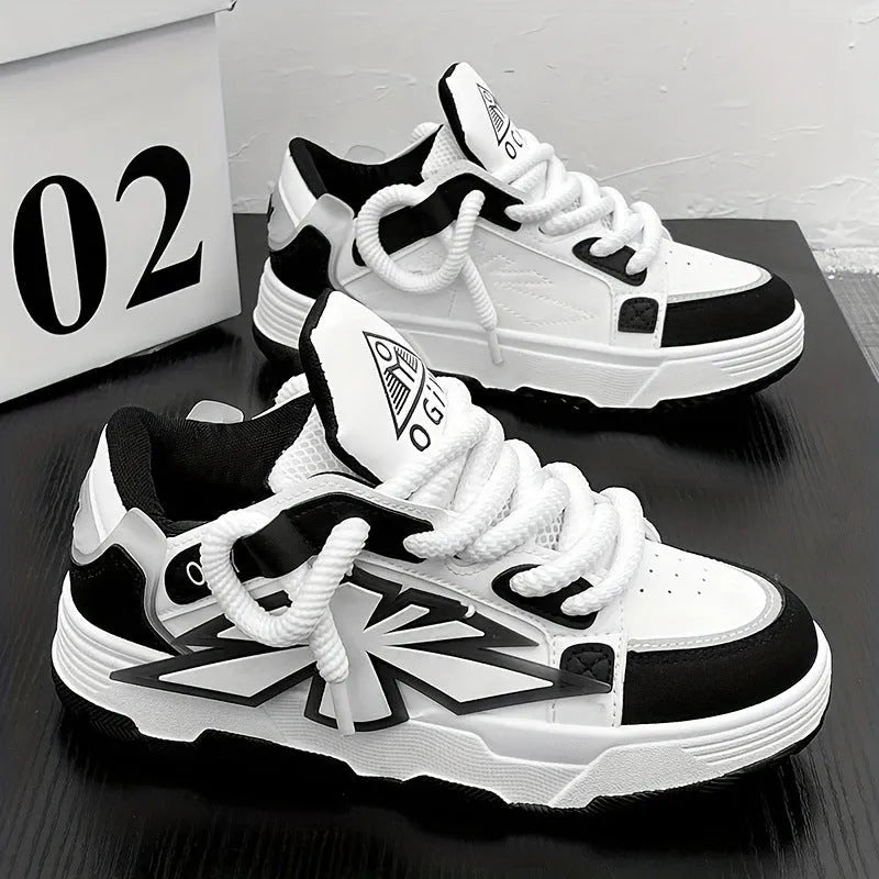 Men's white synthetic leather sneakers with cartoon pattern and thick rubber sole